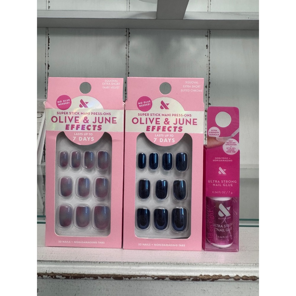 Olive & June Press On Nails Bundle Fairy Velvet Suited Chrome &Ultra Strong Glue